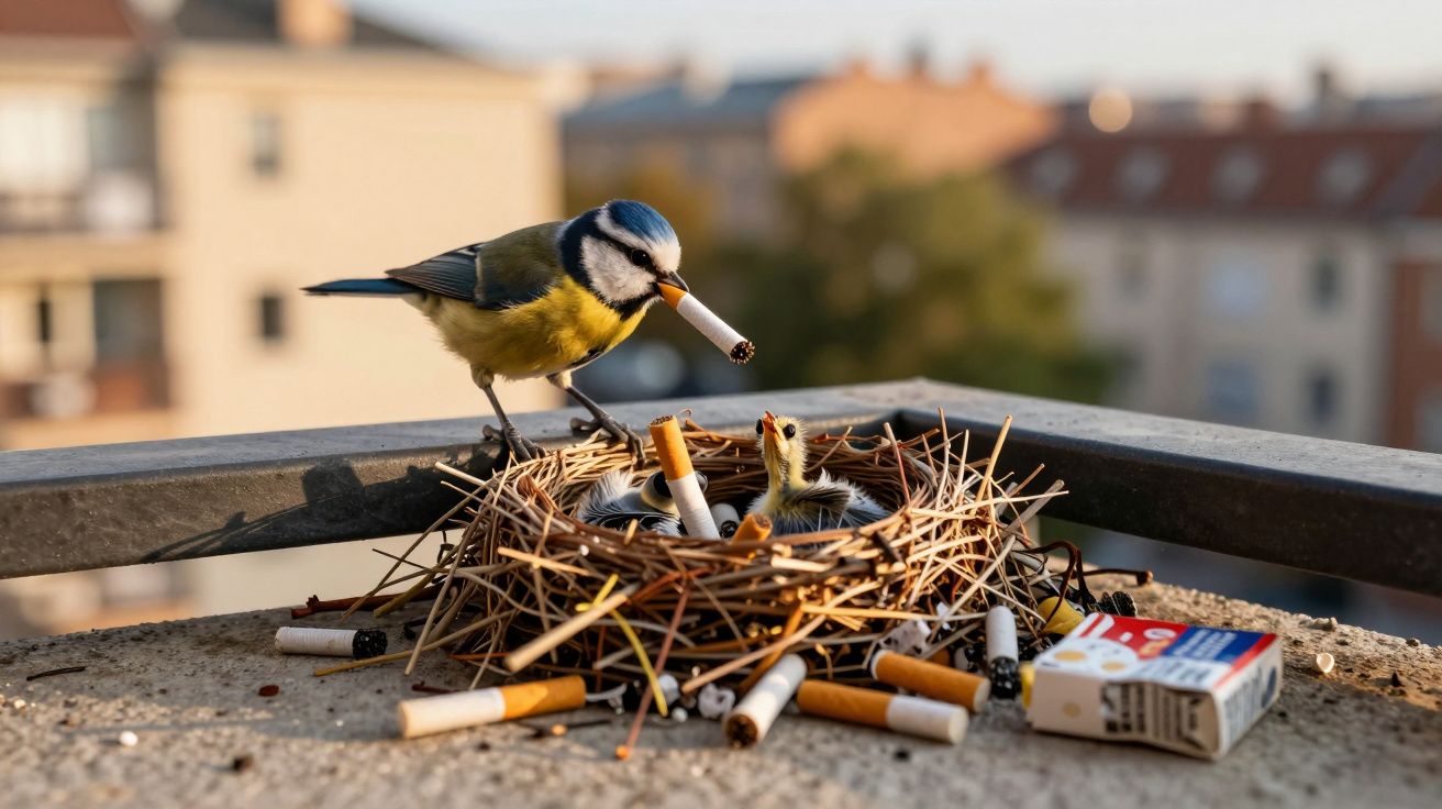 Pássaro em ninho com filhote segurando cigarro em cima de edifício cheio de bitucas e caixa de cigarro.