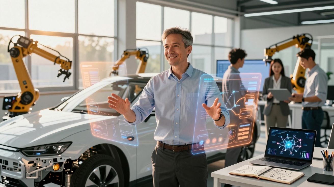 Engenheiro interage com hologramas digitais em laboratório automotivo com robôs industriais e equipe ao fundo.