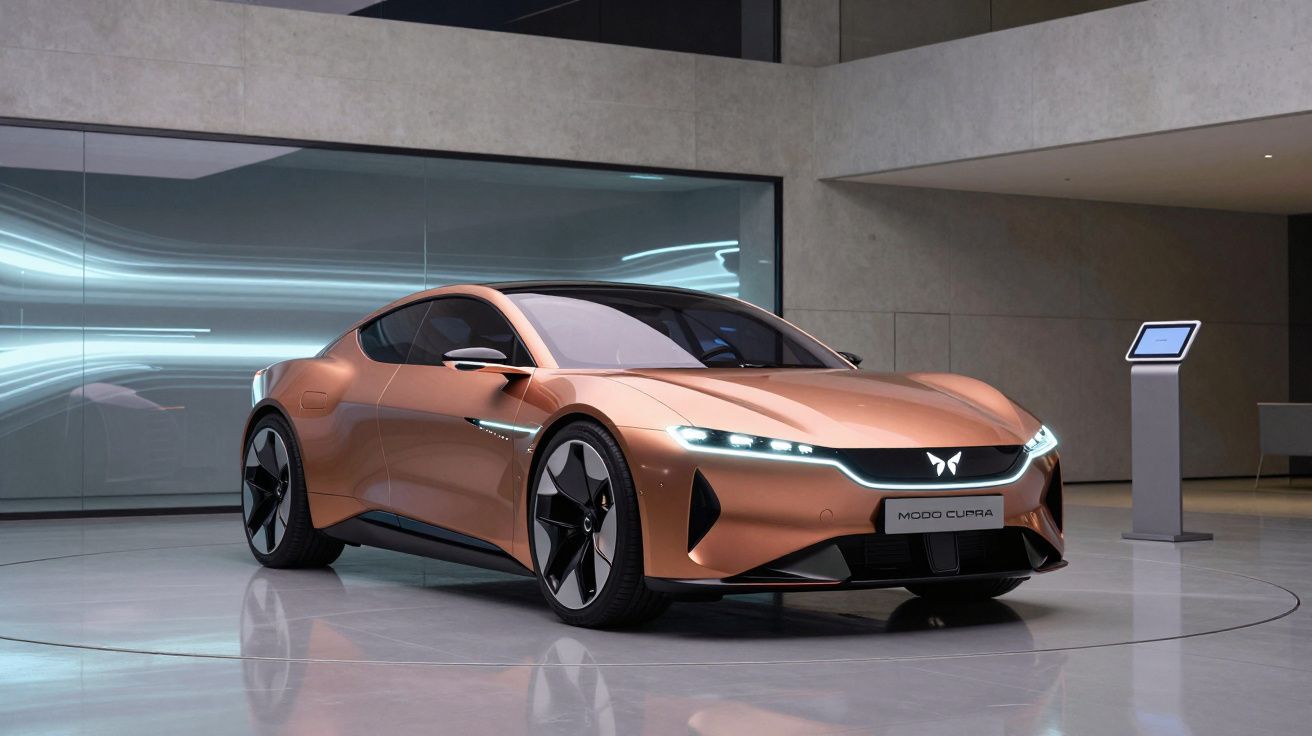 Carro esportivo elétrico bronze Modo Cupra exposto em ambiente moderno e minimalista.