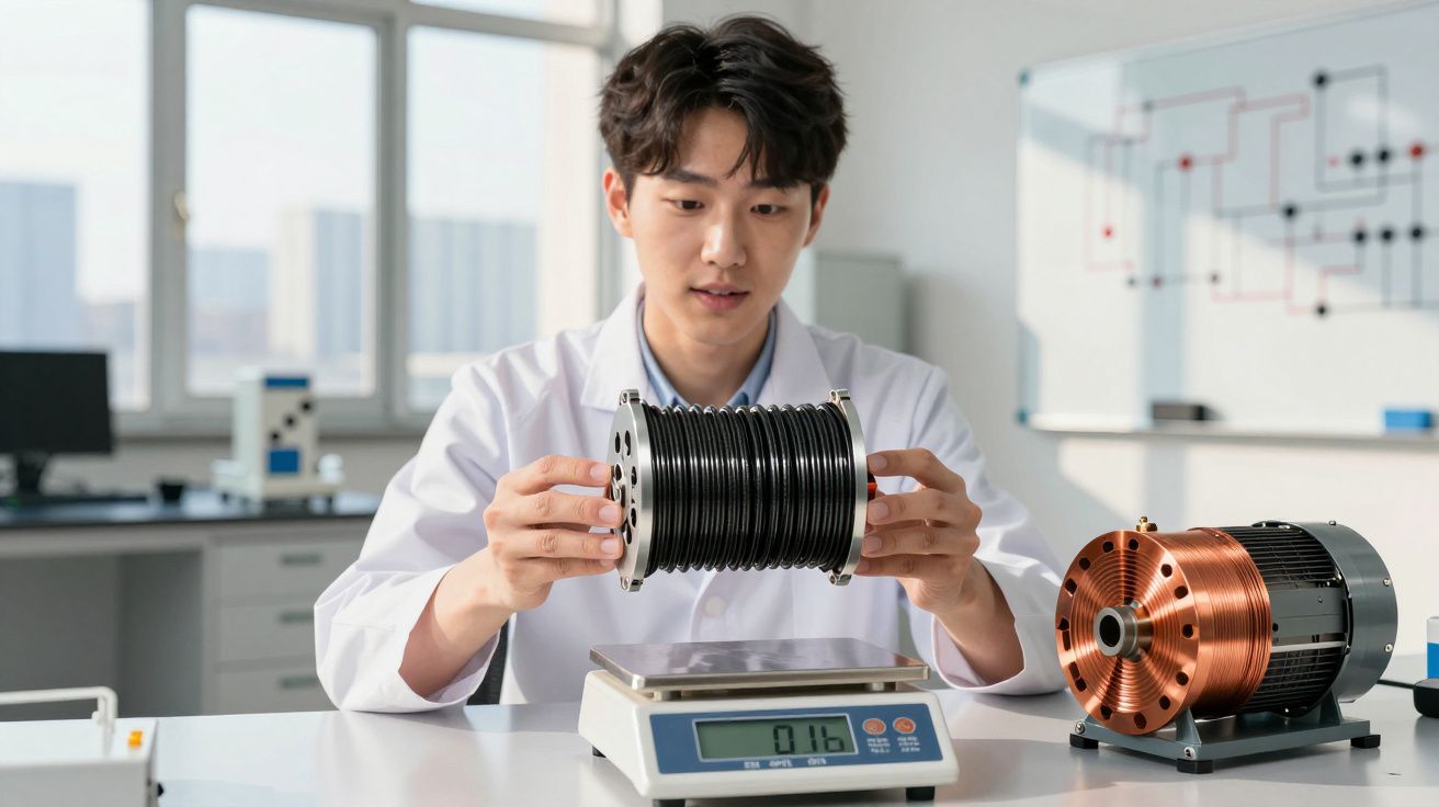 Homem em jaleco branco segurando bobina preta sobre balança digital em laboratório.