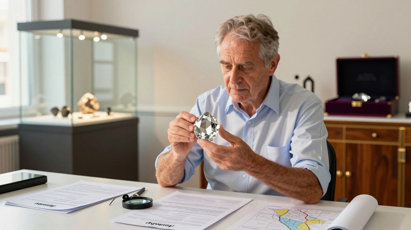 Homem analisando uma pedra preciosa grande enquanto está sentado à mesa com documentos e mapa.