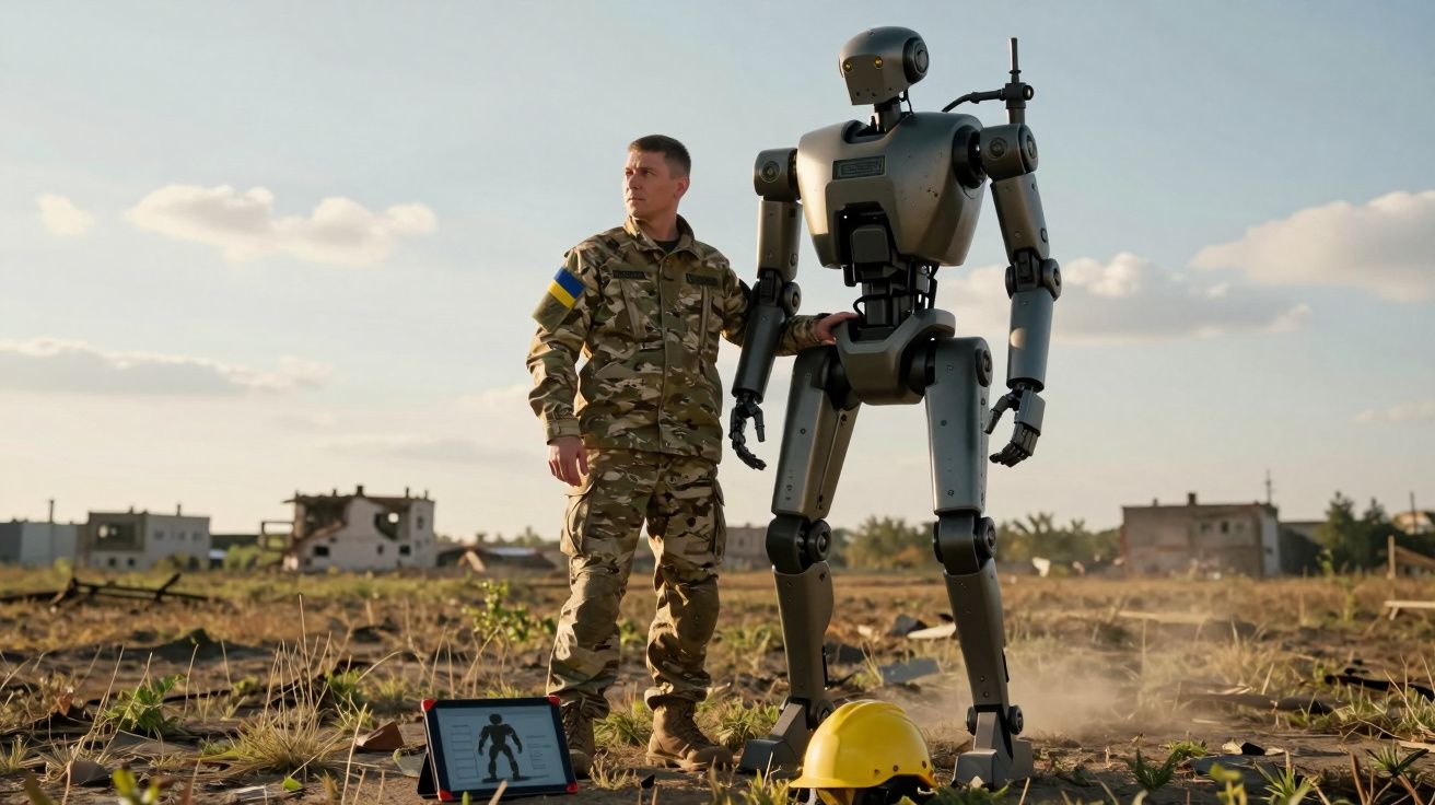 Soldado ao lado de robô humanóide em área devastada com capacete amarelo no chão e tablet aberto.
