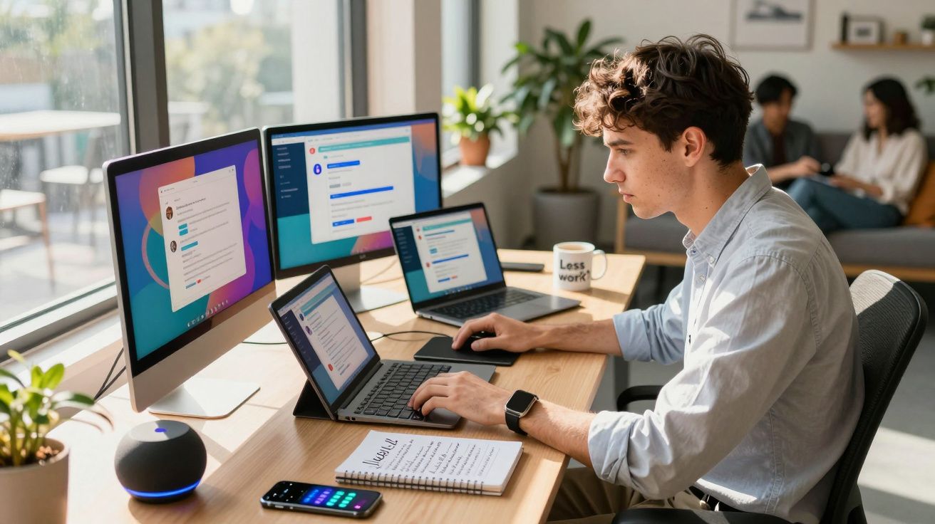 Jovem homem trabalhando em escritório moderno com múltiplas telas e notebook em área iluminada.