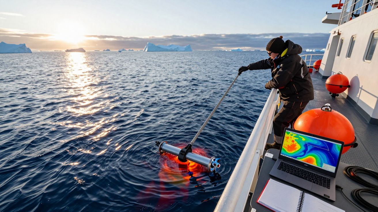 Pesquisador lança equipamento subaquático de pesquisa no oceano próximo a icebergues durante pôr do sol.