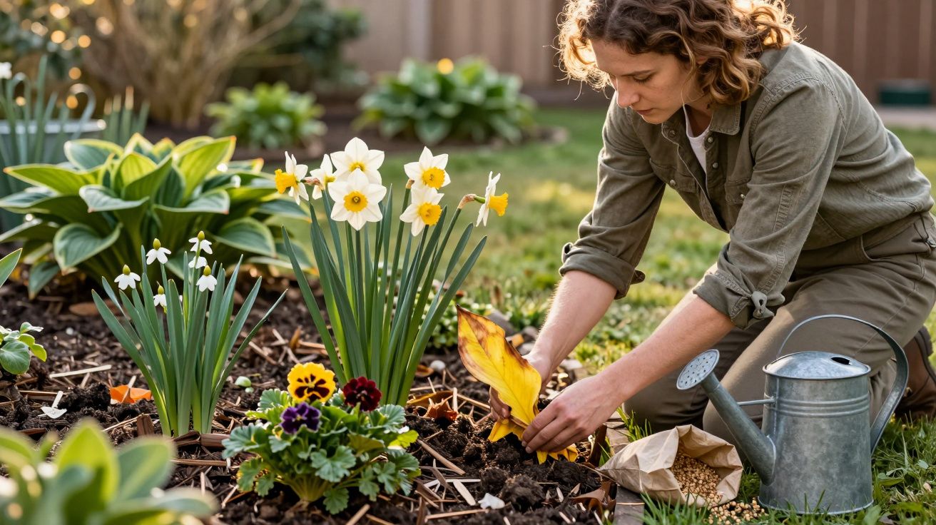 Mulher cuidando de flores em jardim, com regador e sementes ao lado, em dia ensolarado.