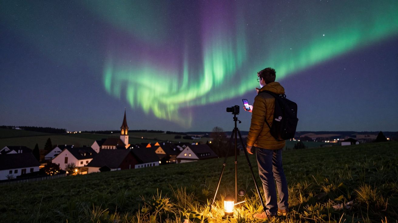 Pessoa com mochila e jaqueta laranja fotografa aurora boreal verde sobre vilarejo à noite.