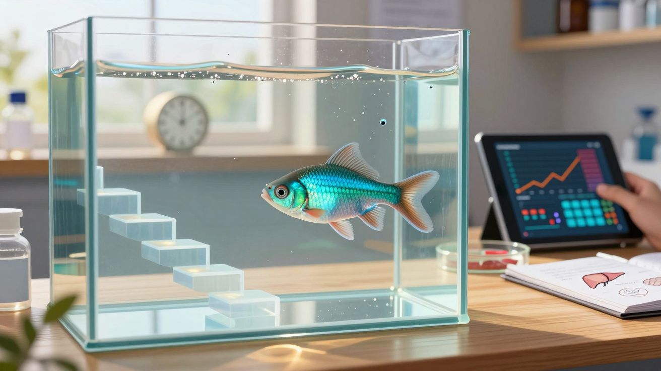 Peixe azul em aquário transparente com escada dentro, sobre mesa, com tablet e caderno ao fundo.