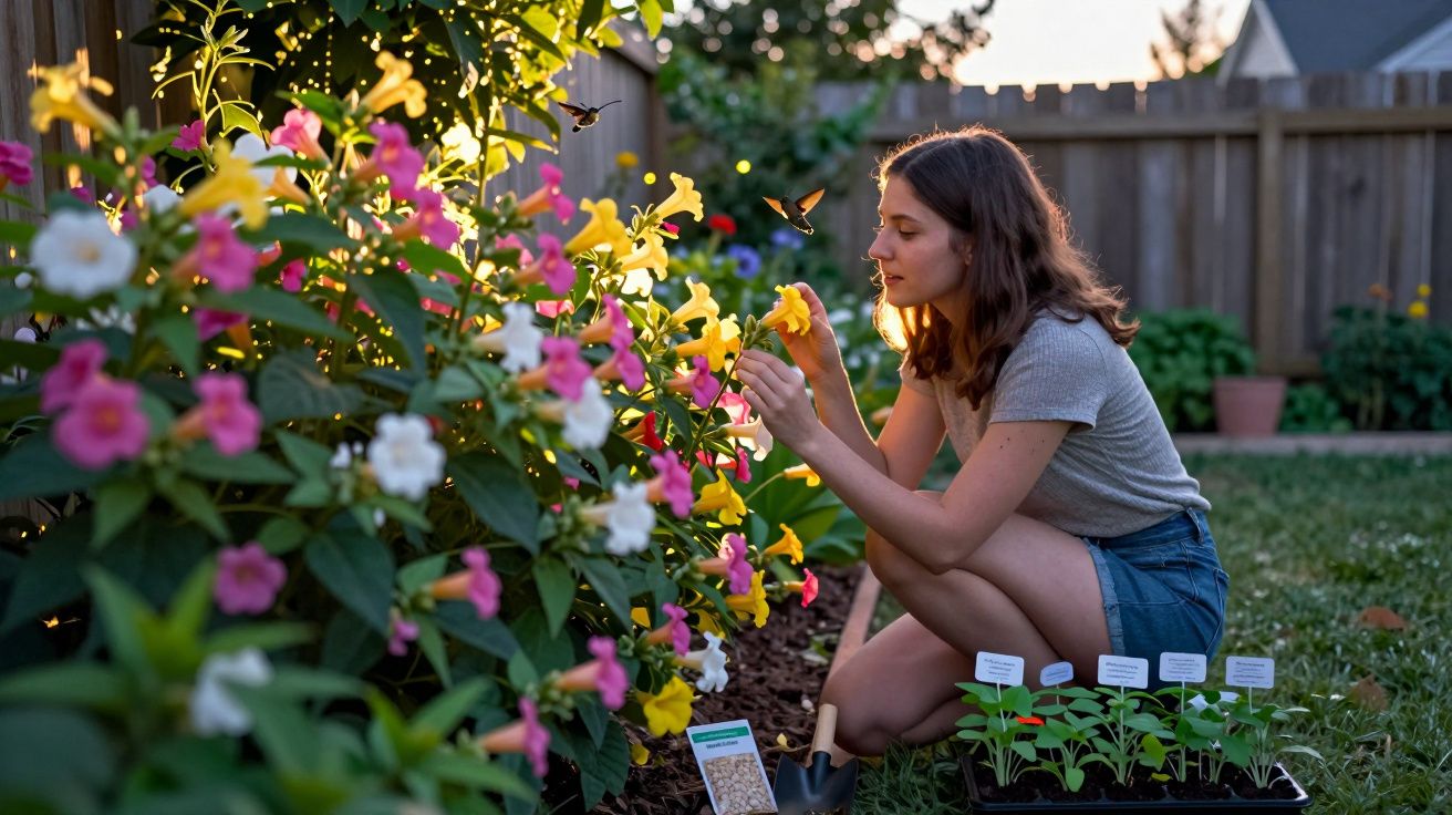Mulher jovem cuidando de flores amarelas em um jardim ao entardecer, rodeada de plantas coloridas.