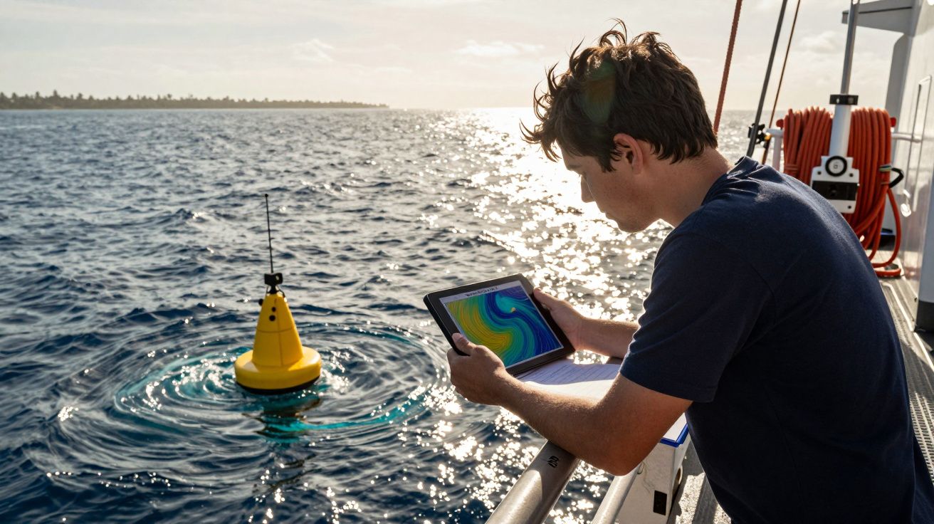 Homem em barco usando tablet para analisar dados de boia amarela no mar ao entardecer.
