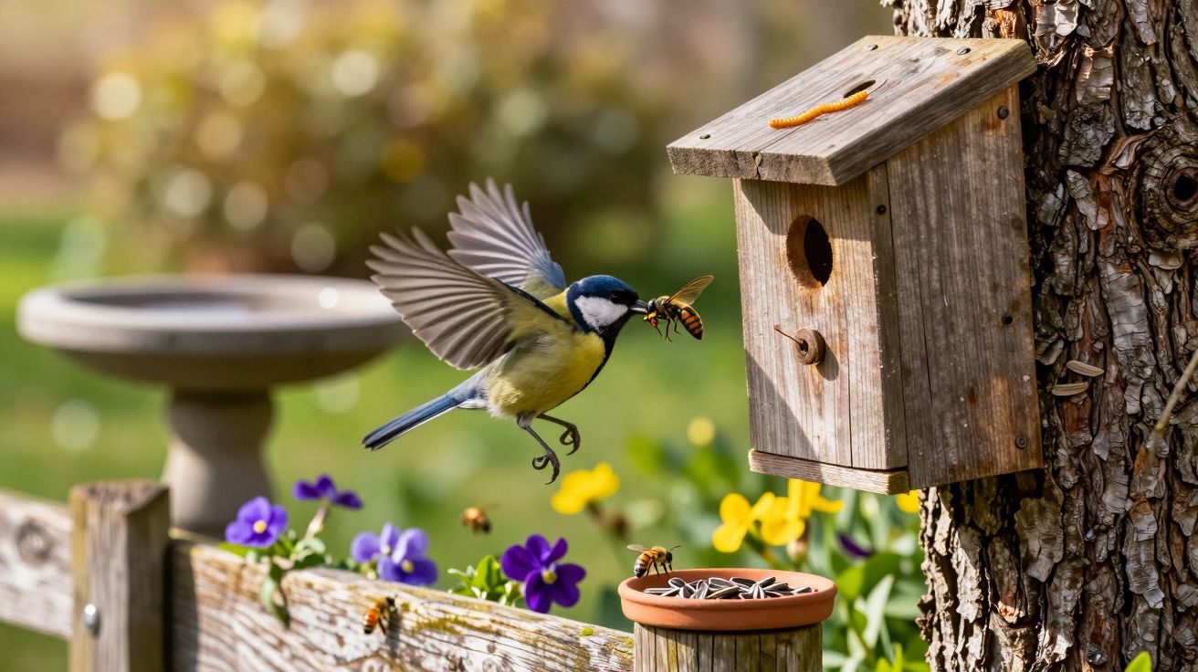 Pássaro segurando inseto voando em direção a uma casinha de madeira em jardim com flores coloridas.