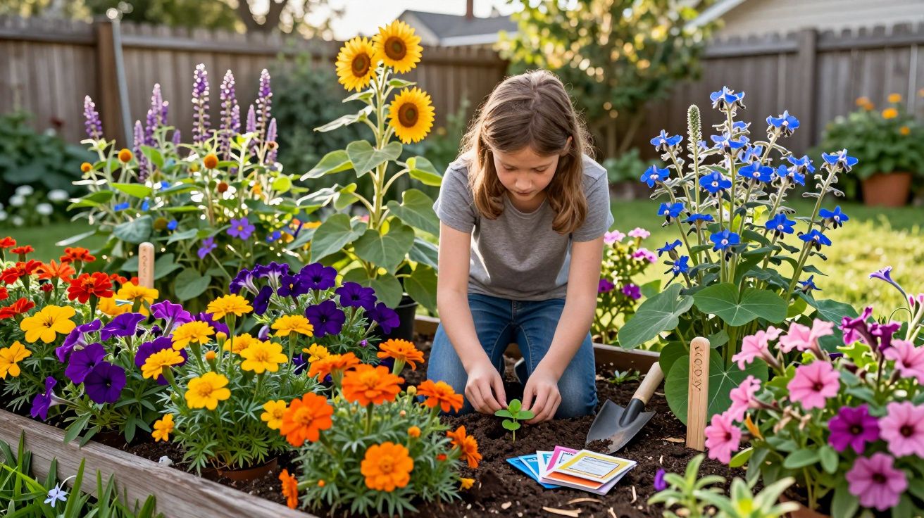 Menina planta muda em canteiro elevado cercado por flores coloridas em jardim ao ar livre.