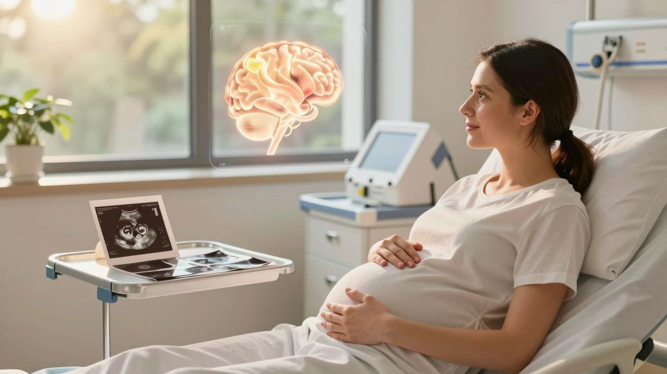 Mulher grávida em hospital olhando para imagem holográfica do cérebro sobre ultrassom do feto.