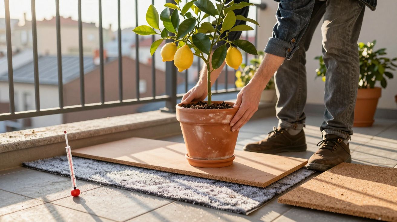 Pessoa ajustando vaso com limoeiro em varanda ensolarada, com termômetro e tapete ao redor.