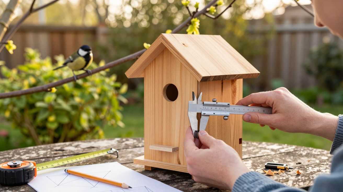 Pessoa medindo uma casa de passarinho de madeira em um jardim com um pássaro próximo e ferramentas na mesa.
