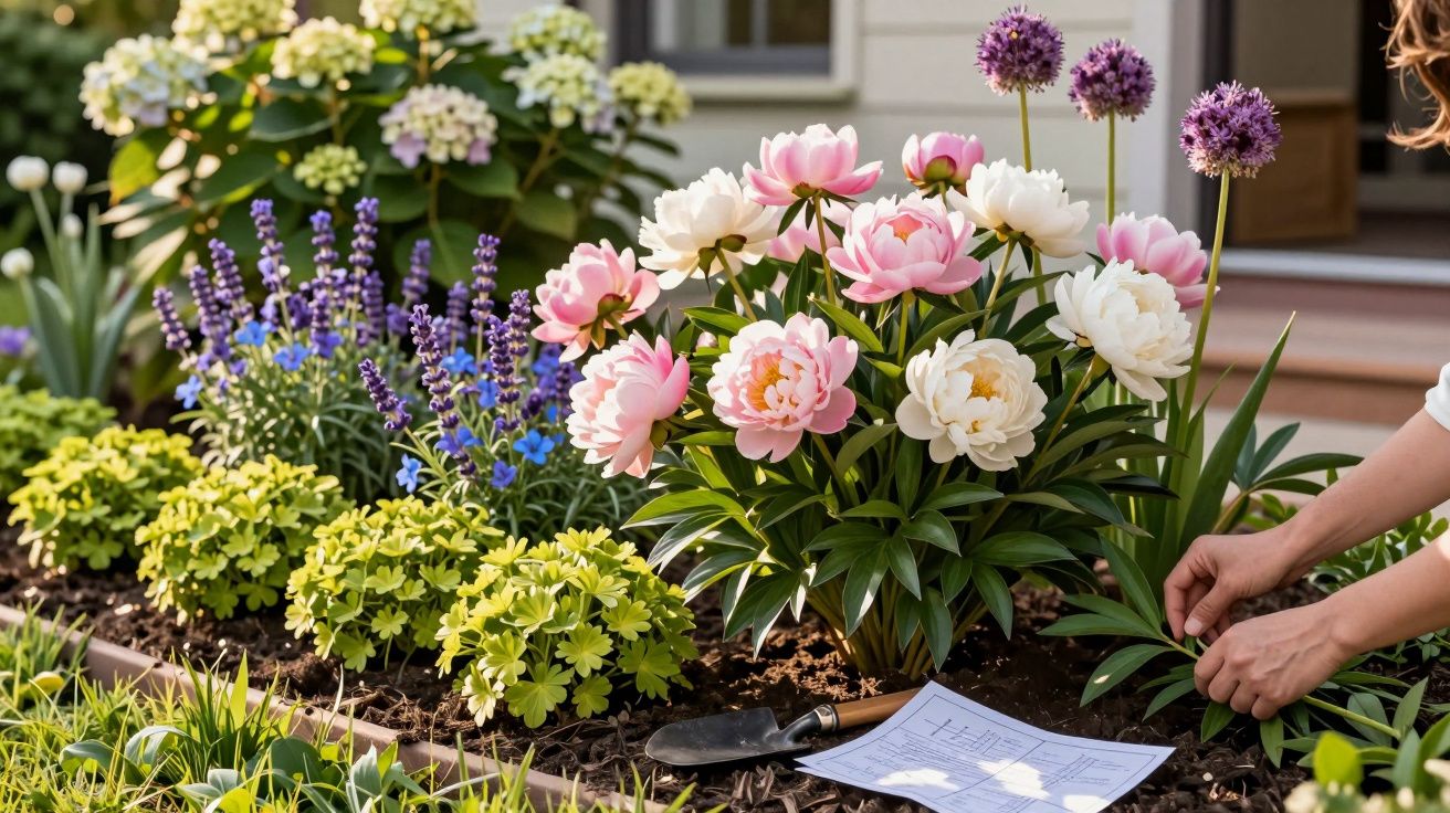 Jardim com flores rosa, brancas e roxas sendo cuidadas por uma pessoa com planta ao lado.