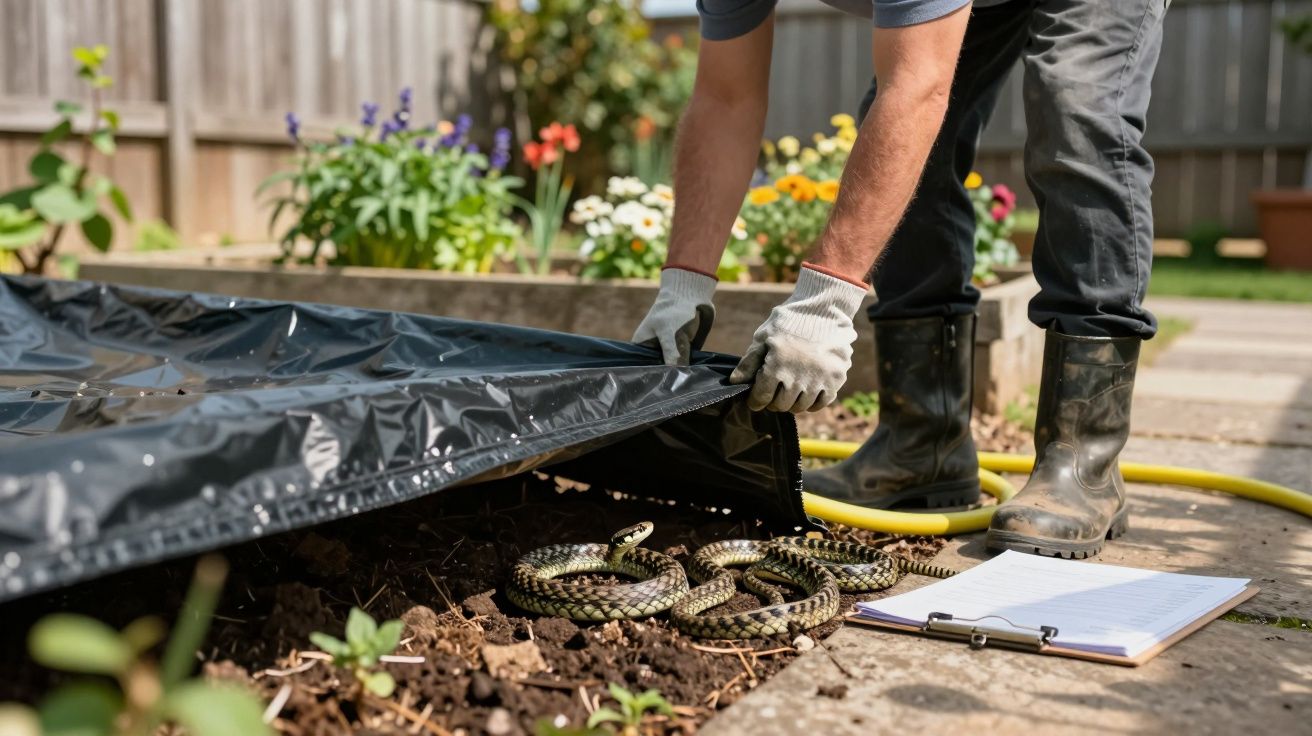 Pessoa levantando lona preta para revelar várias cobras enroladas em um canteiro de terra.