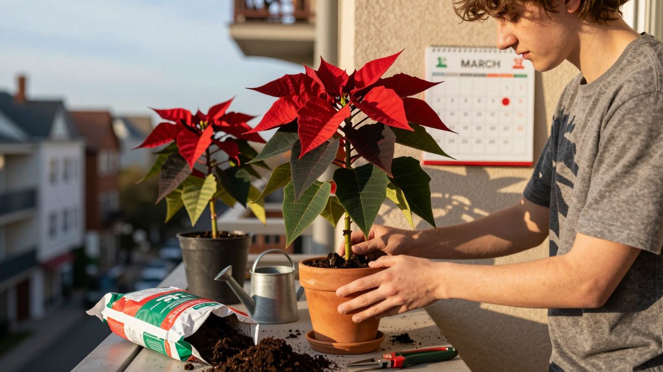 Pessoa cuidando de flor-painha vermelha em vaso em varanda com calendário marcando março ao fundo.