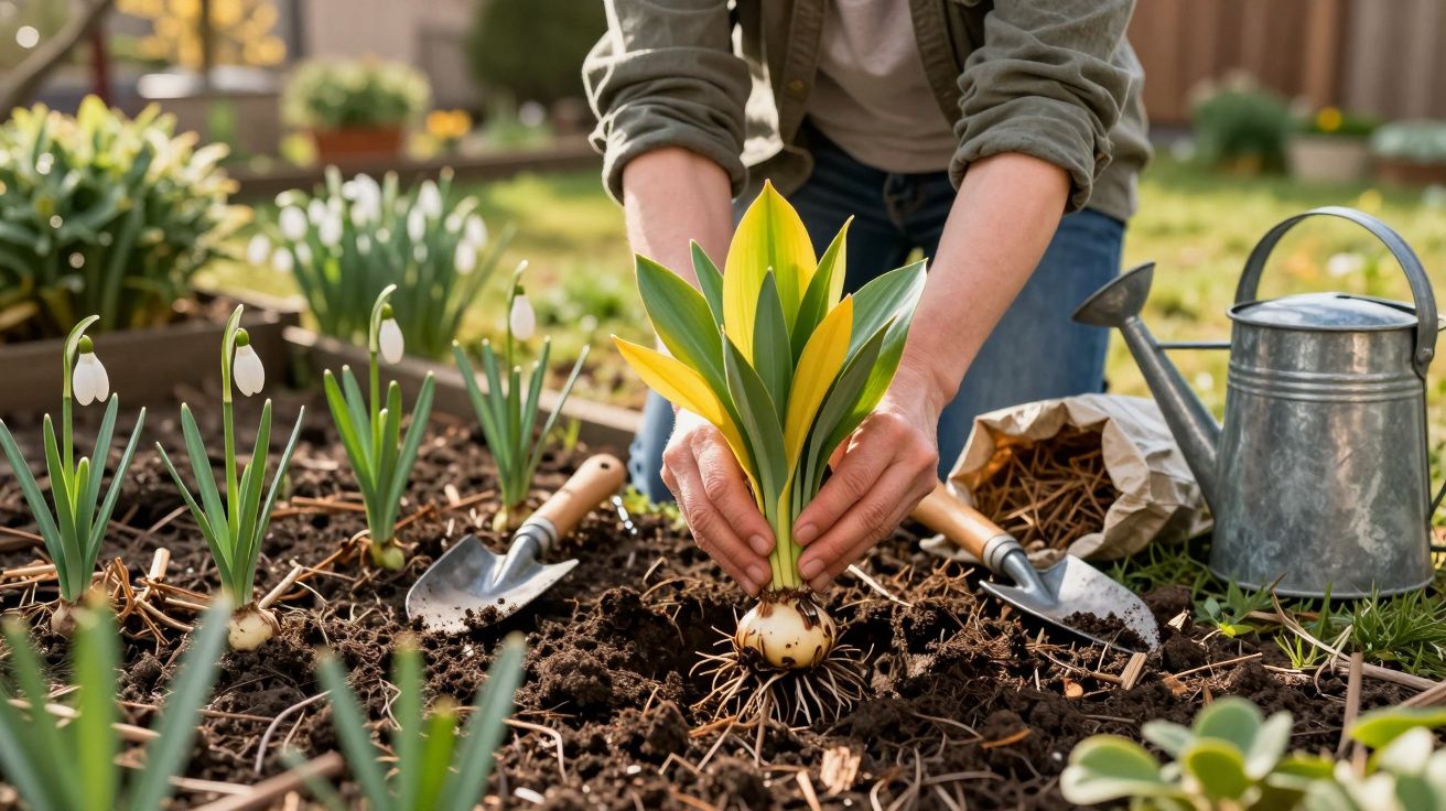 Pessoa plantando bulbo com folhas verdes e amarelas em canteiro, com regador e ferramentas no jardim.