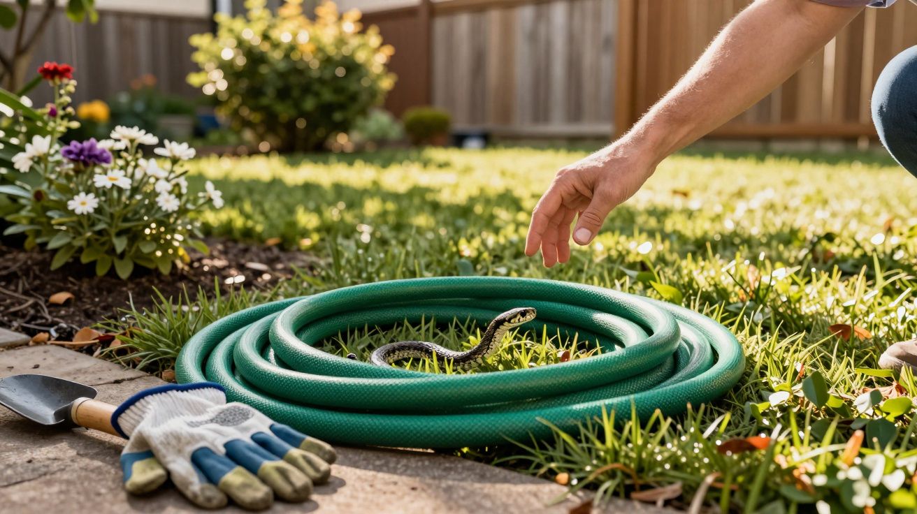 Cobra enrolada em mangueira de jardim verde com mão humana se aproximando e luva e pá ao lado.