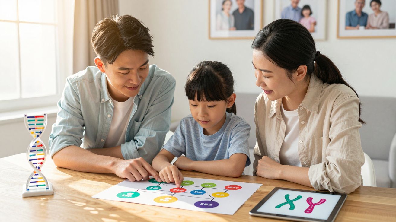 Família asiática estudando árvore genealógica com gráfico colorido e modelo de DNA em mesa iluminada.