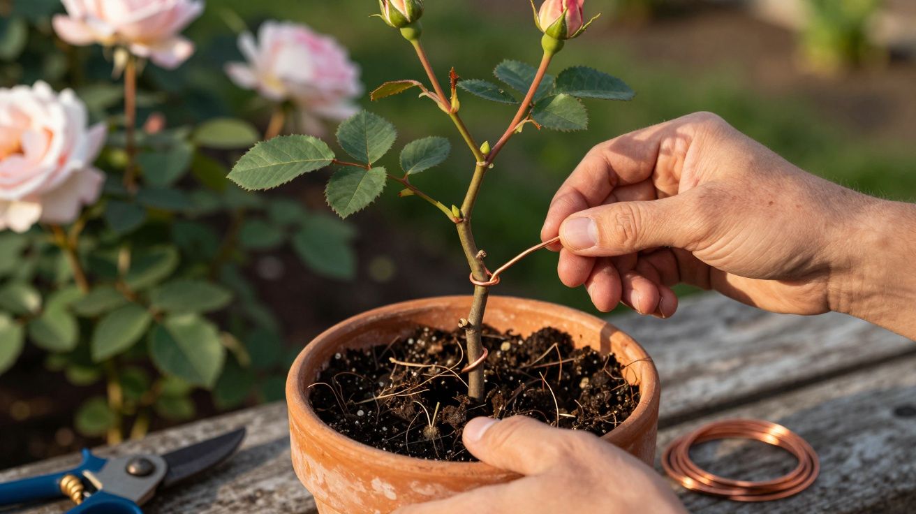Mãos amarrando um caule de roseira com fio de cobre em vaso de barro sobre mesa de madeira.