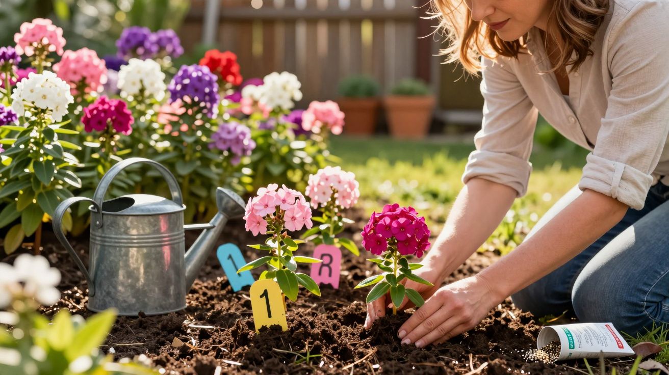 Mulher plantando flores coloridas em canteiro com regador e etiquetas de identificação.