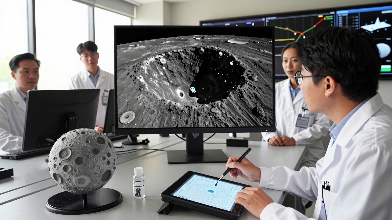 Equipe de cientistas analisa crateras lunares exibidas em monitor e modelo 3D da lua em mesa de laboratório.