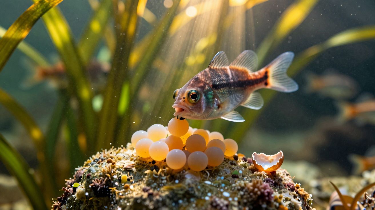 Peixe nadando perto de ovos laranja em um fundo subaquático iluminado por raios de sol.