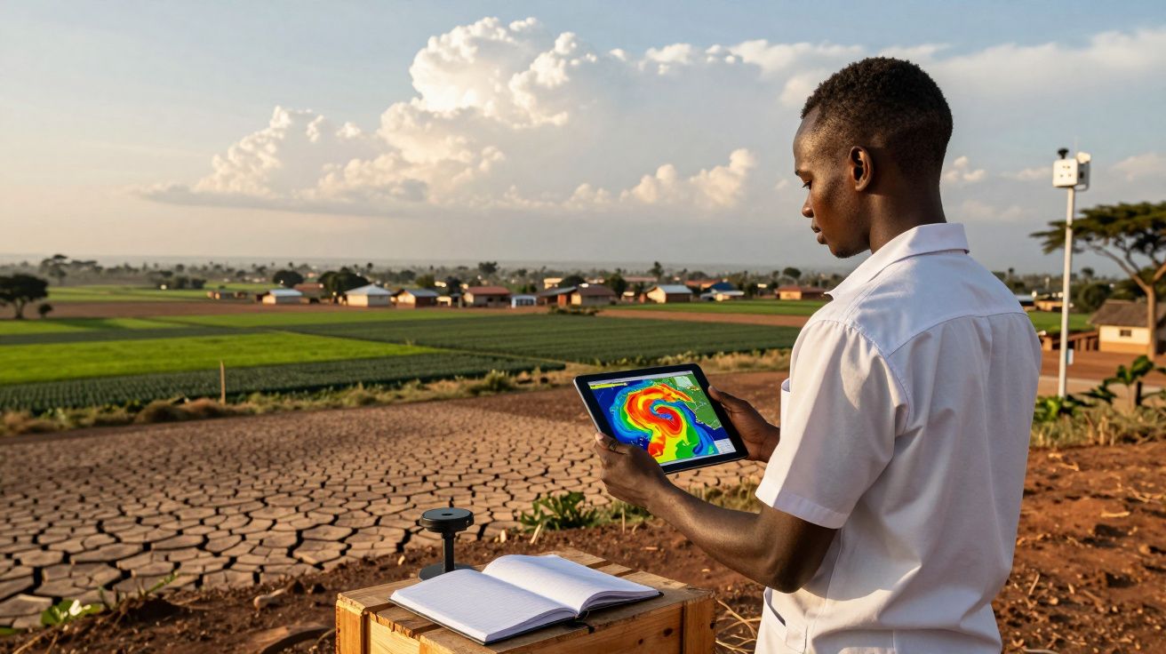 Homem em área seca usando tablet com mapa climático, ao lado de caderno aberto em campo agrícola.