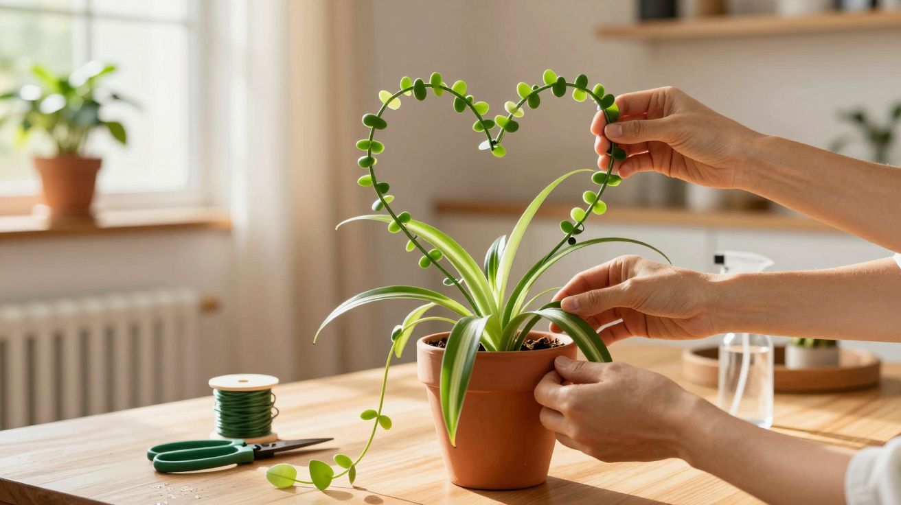 Pessoa molda trepadeira em vaso formando coração em sala iluminada por janela.