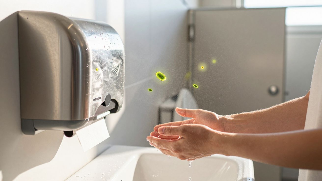 Pessoa secando as mãos com secador elétrico em banheiro, com microrganismos destacados digitalmente.