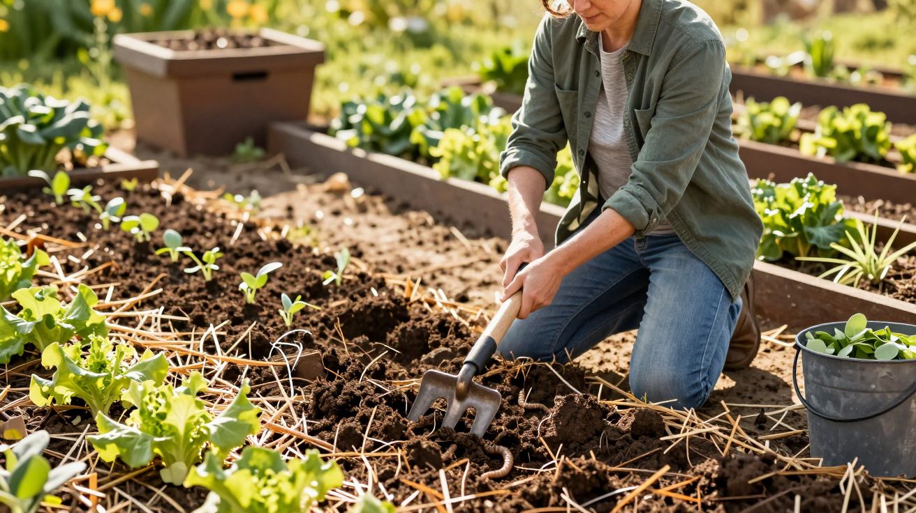 Pessoa cultivando hortaliças em canteiro com ancinho em horta caseira ensolarada.