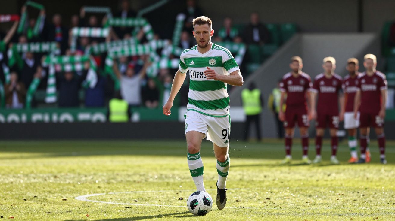 Jogador do Celtic em campo conduzindo a bola durante partida de futebol com adversários ao fundo.