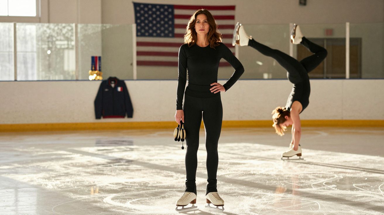 Mulher em roupa preta e patins no gelo, segurando sapatilhas de ponta, com outra fazendo acrobacia ao fundo.