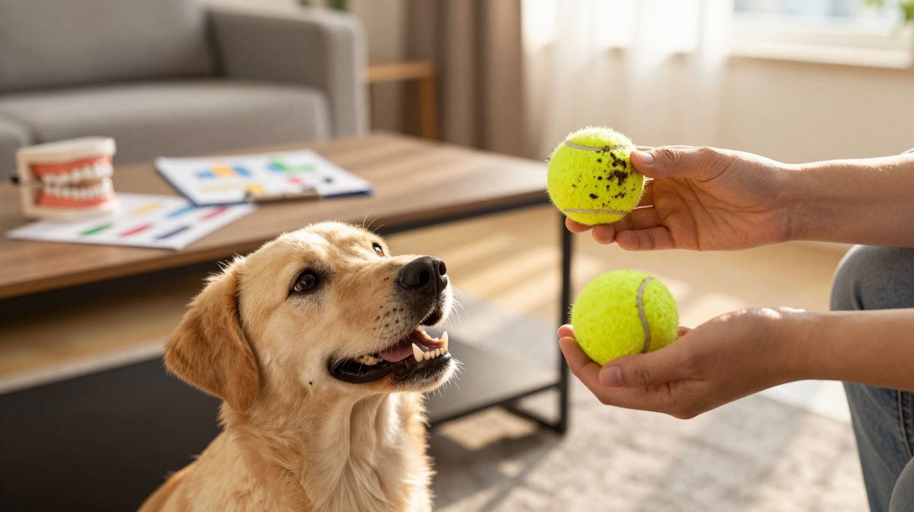 Cachorro Golden Retriever olhando animado para duas bolas de tênis nas mãos de uma pessoa.