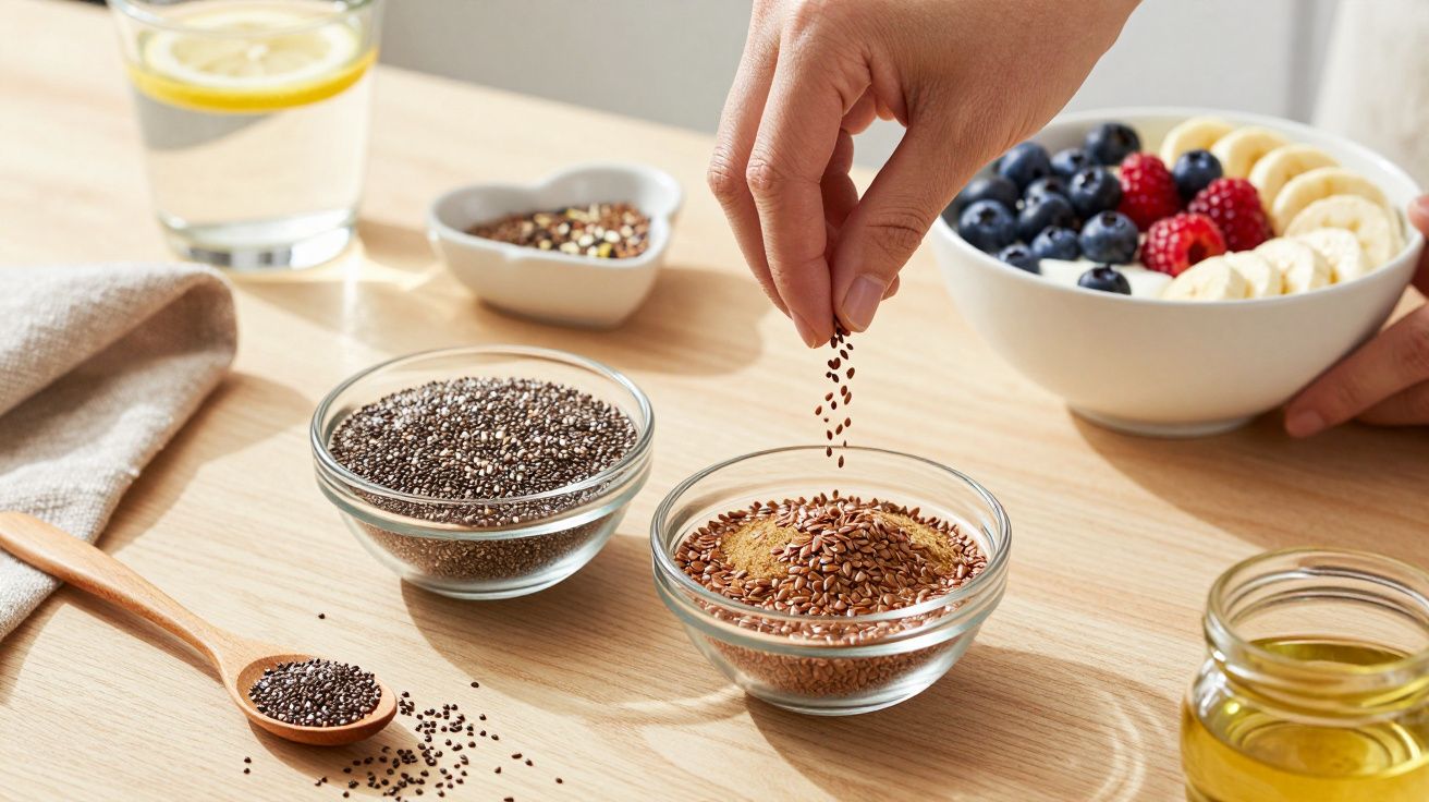 Mão salpicando sementes sobre tigela com mix de sementes e especiarias, frutas e óleo sobre mesa clara.