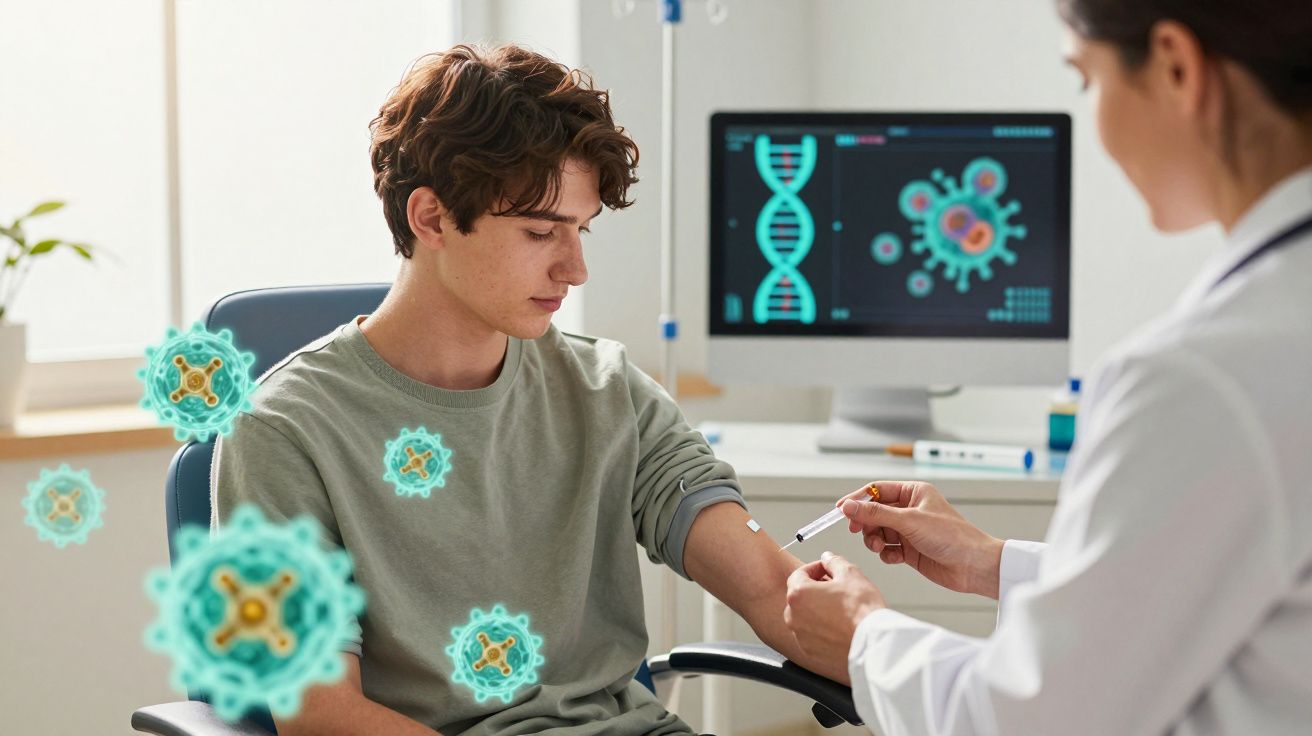 Jovem recebendo vacina no braço de profissional de saúde, com ilustrações de vírus e DNA ao redor.