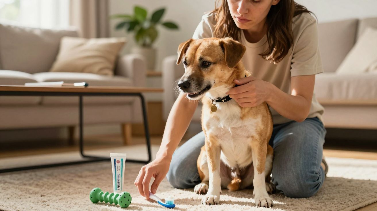 Mulher ajoelhada prepara escovação dos dentes de cachorro sentado na sala de estar.