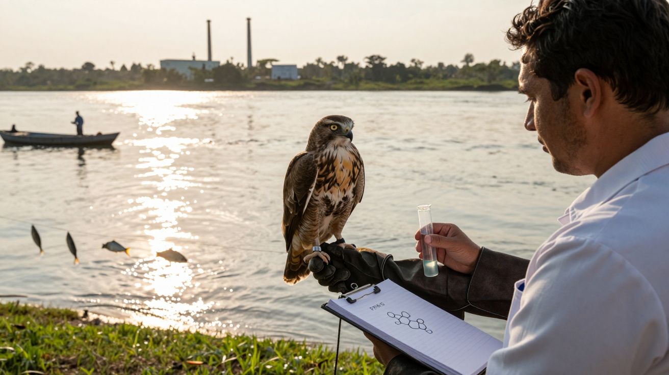 Homem com jaleco segura falcão na mão e observa amostra química à beira de rio ao pôr do sol.