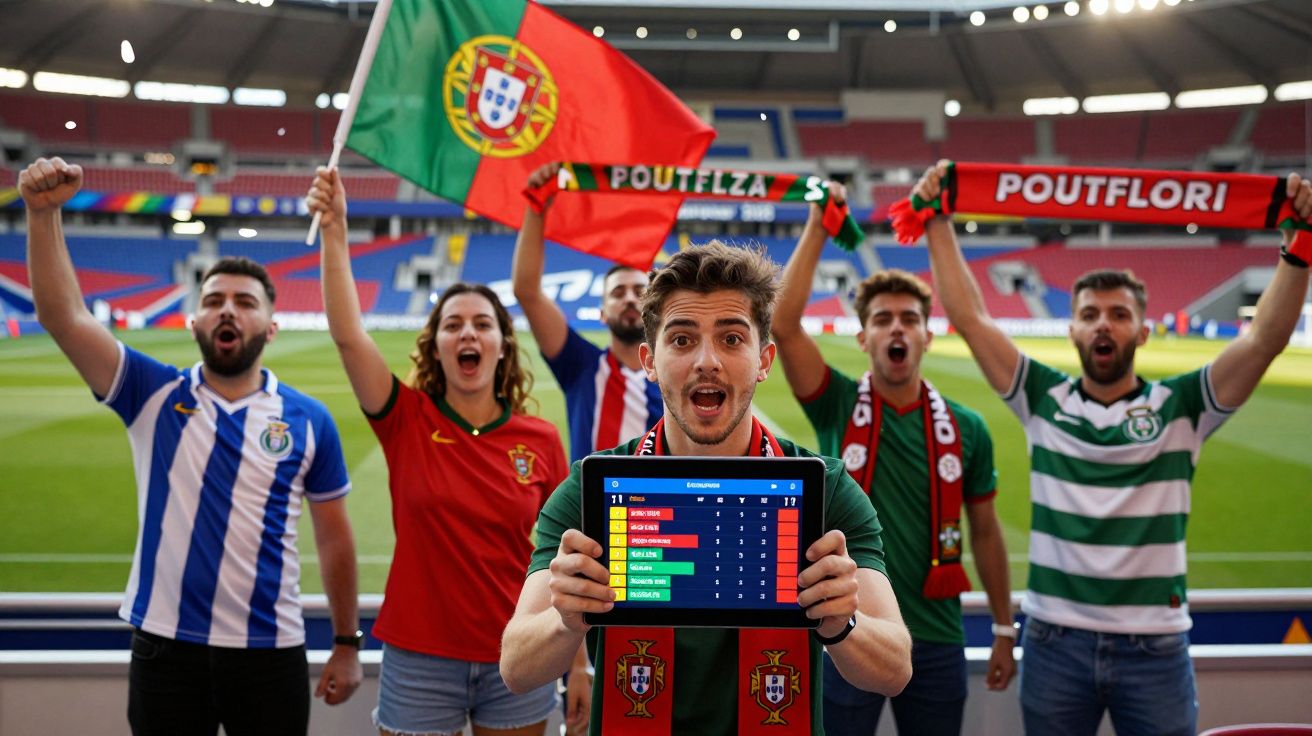 Torcedores portugueses em estádio com bandeira e tablet mostrando tabela de classificação durante jogo.