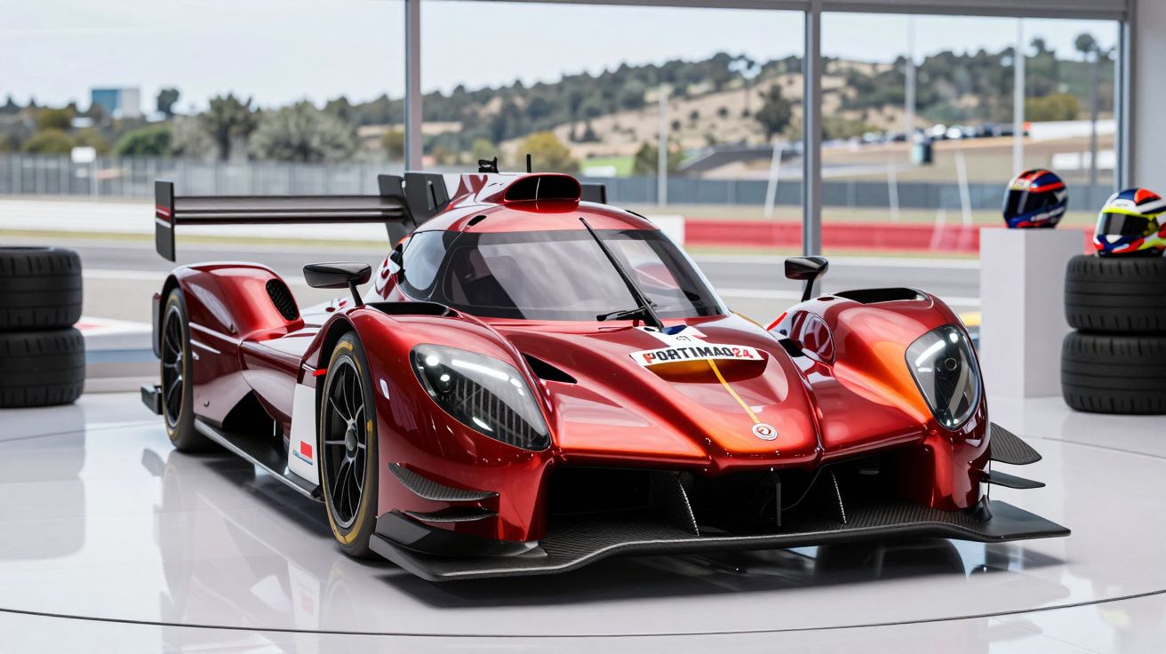Carro de corrida esportivo vermelho exibido em área interna com capacetes e pneus ao fundo.