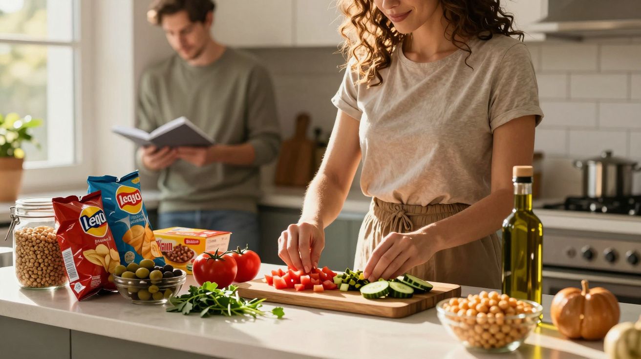 Mulher cortando legumes na cozinha enquanto homem lê um livro ao fundo perto da janela.