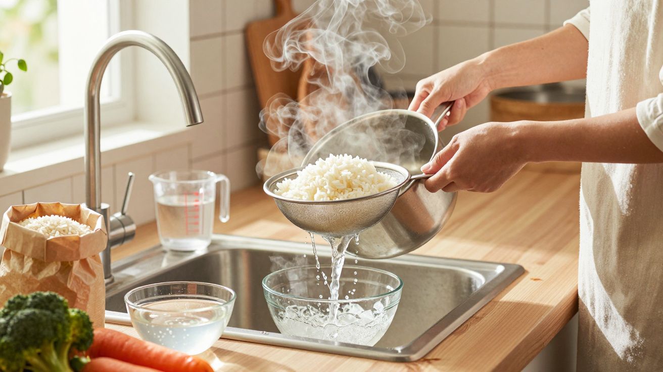 Pessoa coando arroz quente em peneira sobre pia em cozinha iluminada com legumes ao lado.
