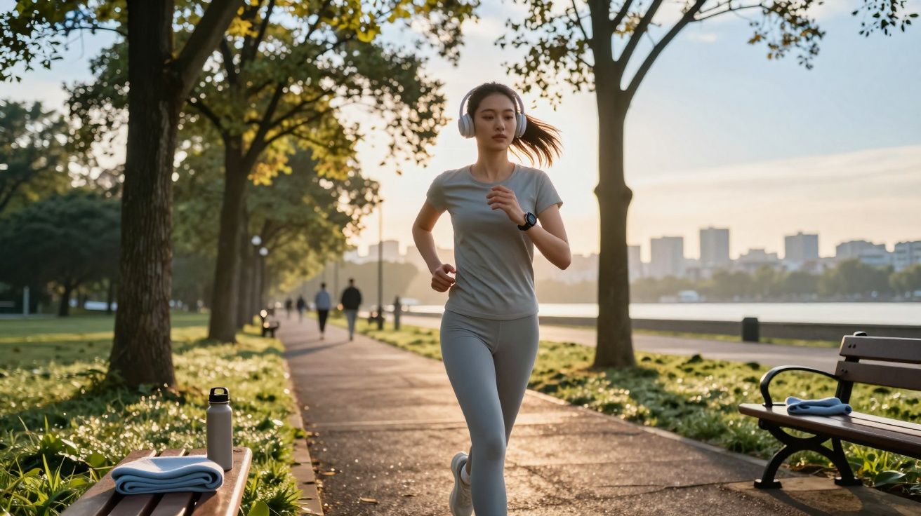 Mulher jovem correndo em parque ao amanhecer, com fones de ouvido e roupas esportivas cinza.