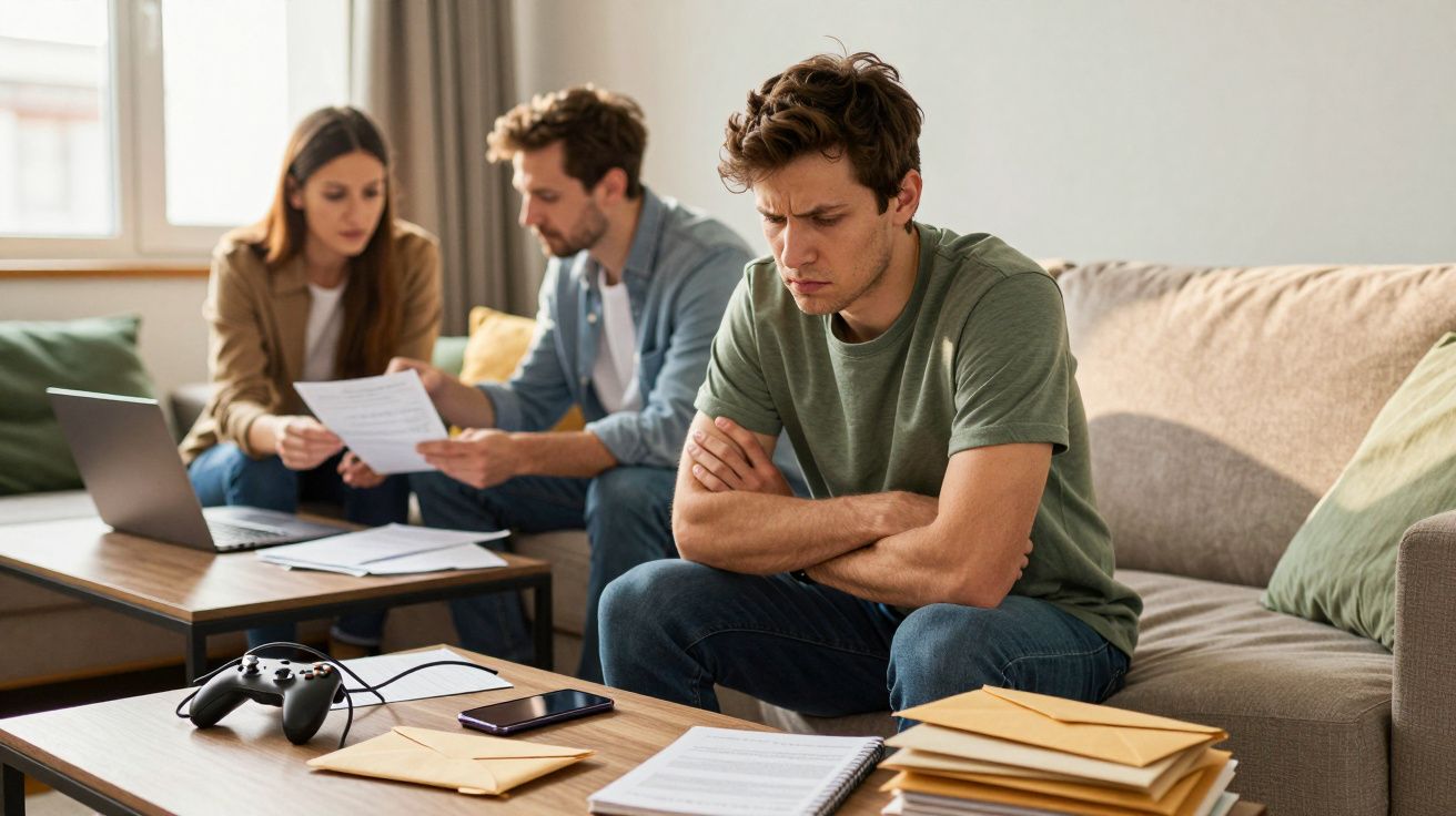 Jovem preocupado sentado no sofá enquanto casal discute documentos em sala de estar.
