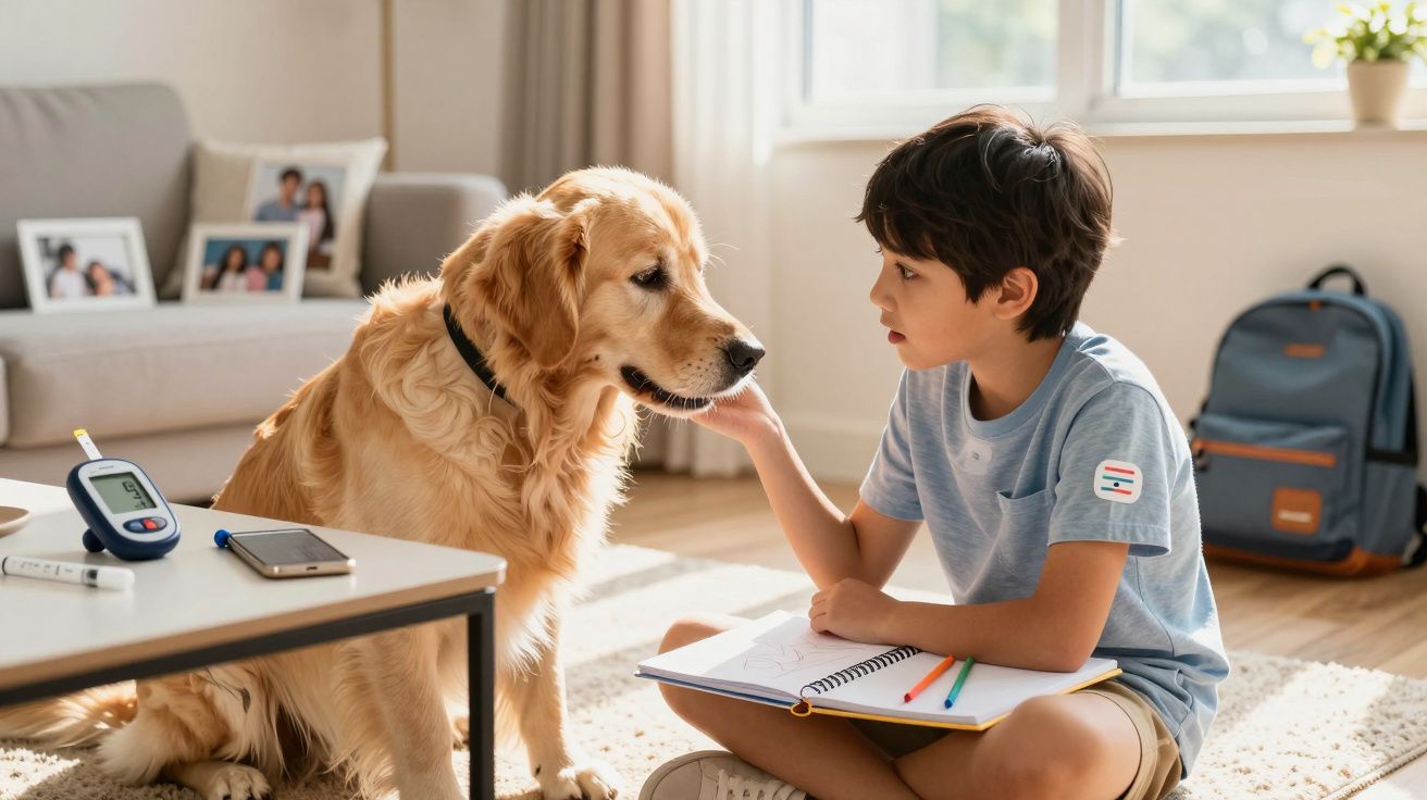 Criança sentada no chão com caderno e lápis, acariciando um cachorro golden retriever na sala iluminada.