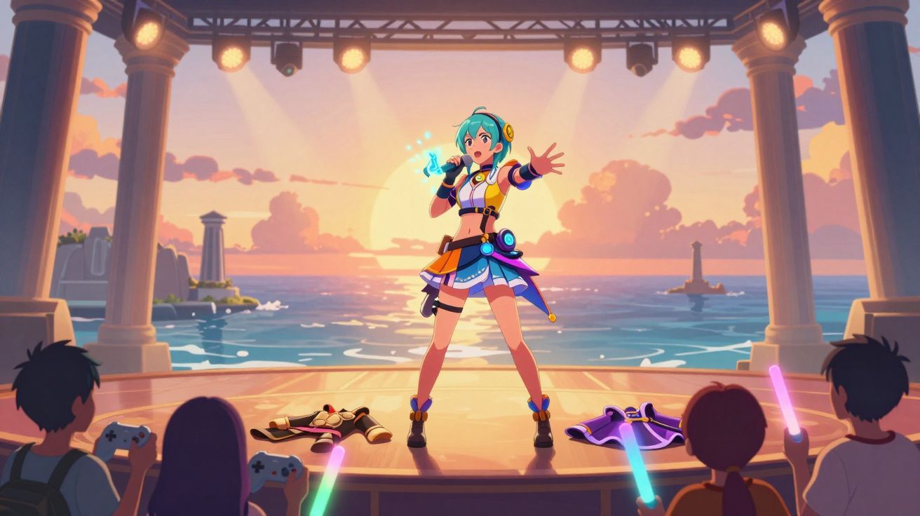 Animação de garota cantando no palco com pôr do sol e mar ao fundo, público assistindo com controles e luzes.