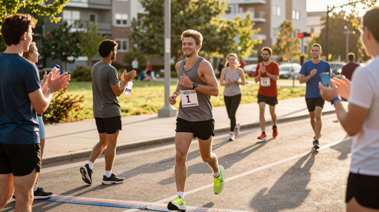 Corredor sorridente cruzando a linha de chegada enquanto outras pessoas o aplaudem em uma rua ensolarada.