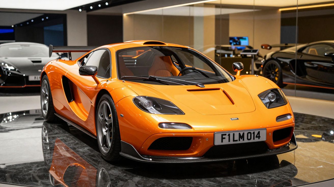 Carro esportivo laranja McLaren F1 exibido em showroom com piso refletivo e outros carros ao fundo.
