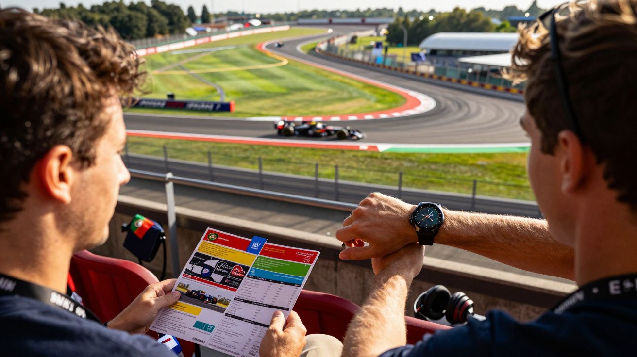 Dois homens assistem a corrida de Fórmula 1, um segura programa da prova e o outro olha o relógio.